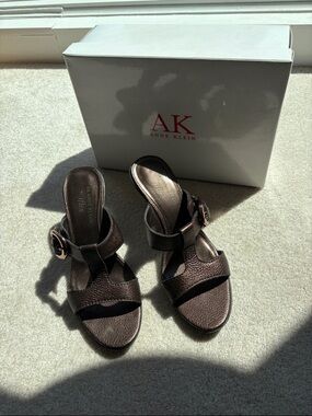 Anne Klein Dark Brown Textured Leather Heeled Sandals